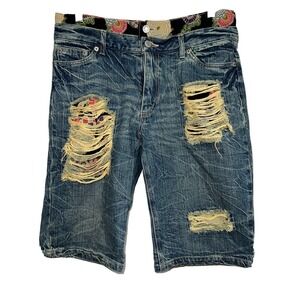 Japanese Streetwear Floral Patchwork Distressed Denim Shorts Blue Women Size 32